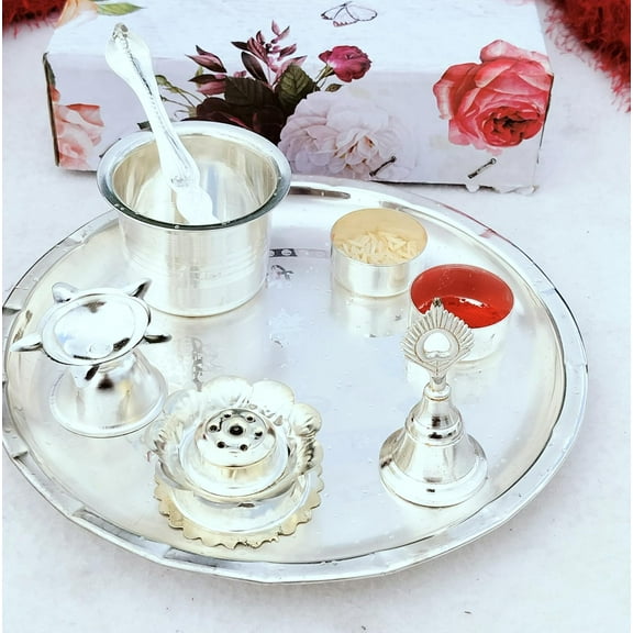 german silver small pooja thali set for diwali/ housewarming/ gift item
