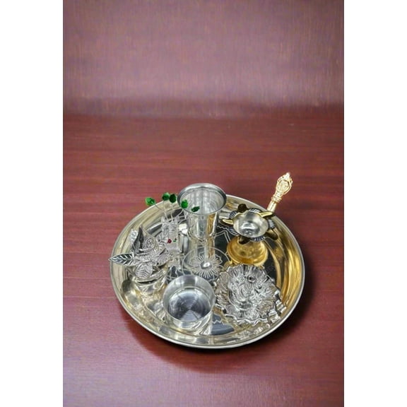 german silver small pooja thali set for festival/ housewarming pooja, 7 pieces set