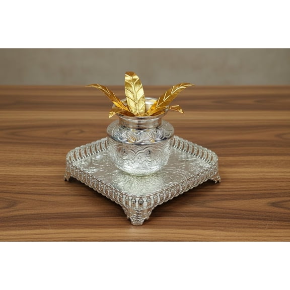 german silver square tray with ashtha lakshmi kalash and golden leaves for housewarming pooja
