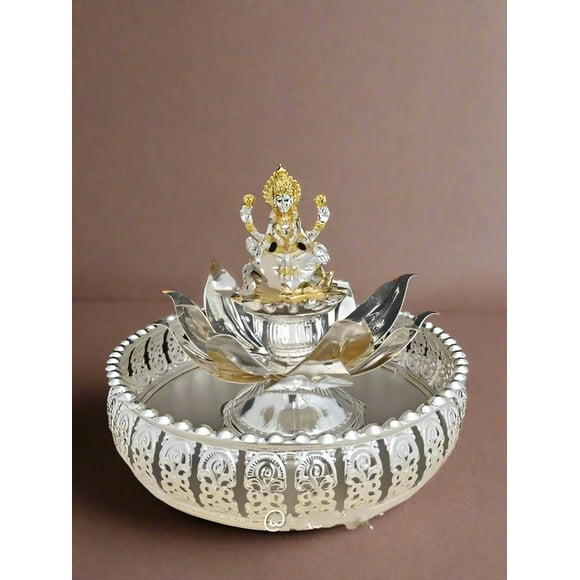 german silver tray with lotus and lakshmi idol for housewarming/ diwali