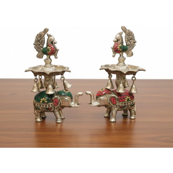german silver with stonework elephant diya with bells for housewarming pooja/ home dcor