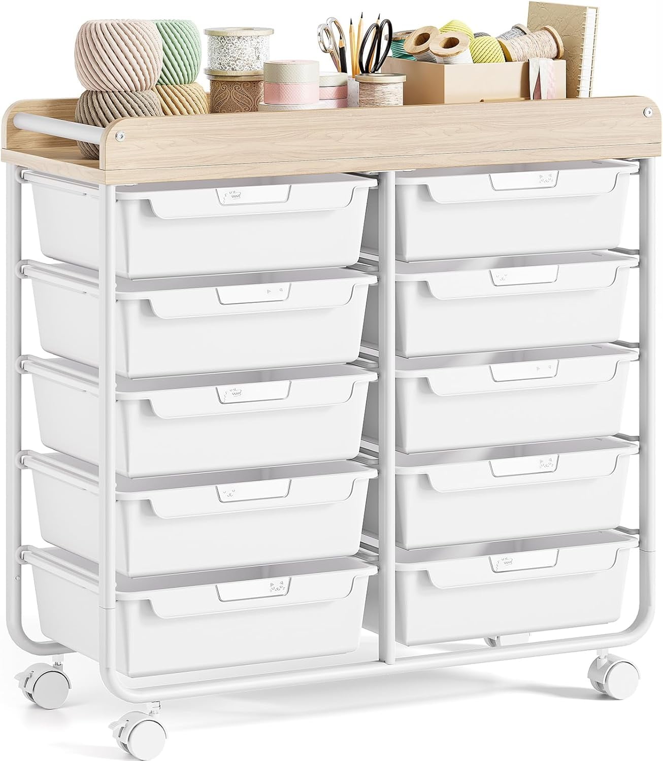 ghyeqwsf Rolling Storage Cart with Wooden TableTop Utility Cart with 10 ...