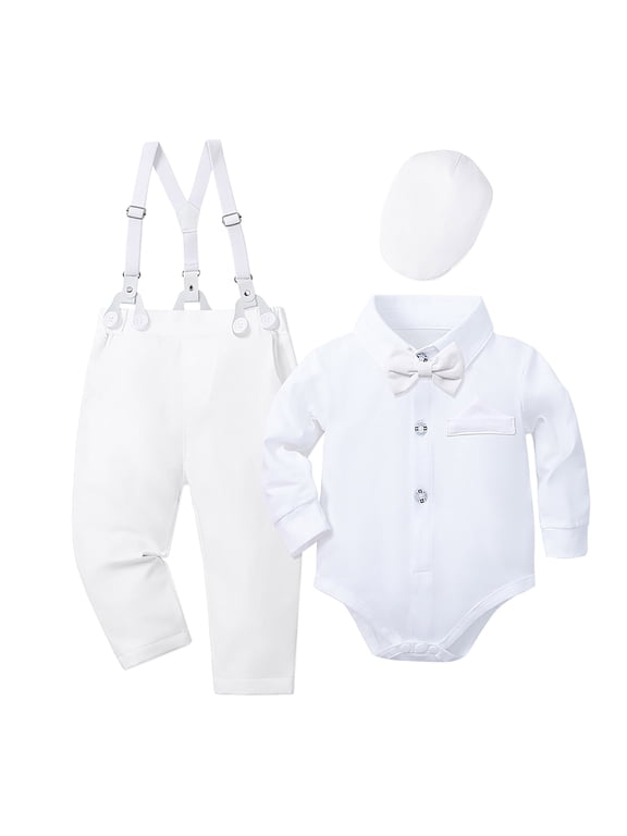 Baby Boy Clothes Suit 0 3 6 9 18 Months Boys Baptism Easter Outfits 5Pcs Set Infant Dress Shirt + Bow Tie + Pants + Suspenders + Beret Outfit(White,6-12 Months)