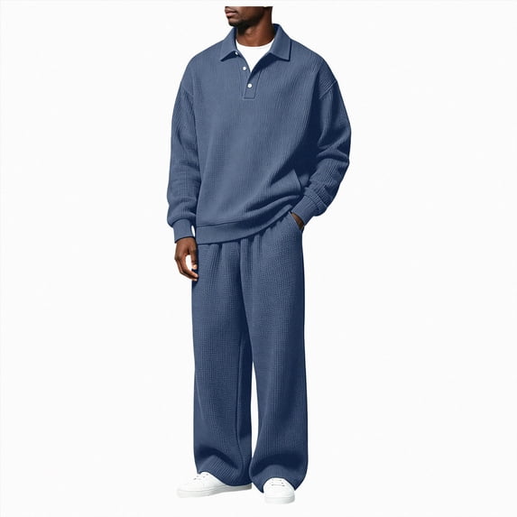 gibobby Mens 2 Pieces Sets Long Sleeve Casual Polo Shirt Fall Winter Loose Sweatpants Lounge Vacation Outfits Set (Dark Blue,2XL)
