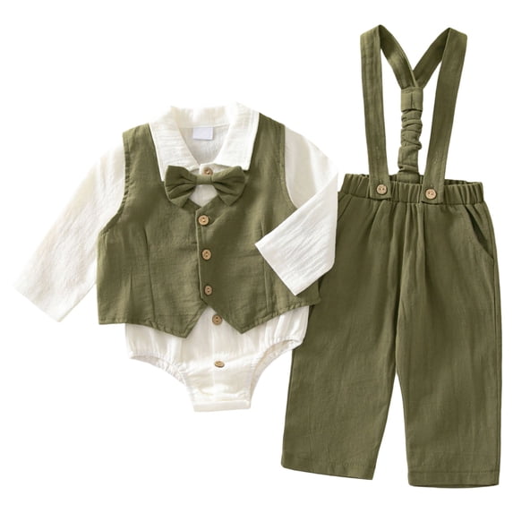 gibobby Newborn Baby Boy Dress Clothes Long Sleeve Romper Shirt Bowtie Waistcoat Suspender Pants Set Suit Fall Outfits(Green,0-3 Months)