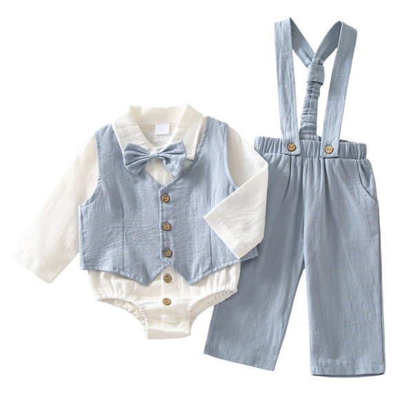 gibobby Newborn Baby Boy Dress Clothes Long Sleeve Romper Shirt Bowtie Waistcoat Suspender Pants Set Suit Fall Outfits(Sky Blue,9-12 Months)