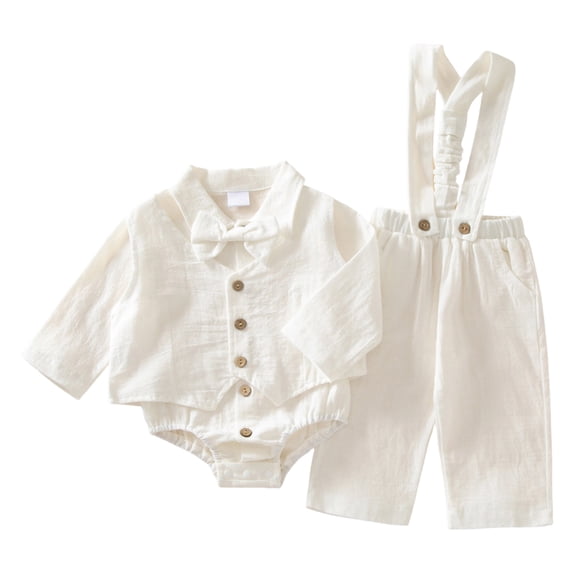 gibobby Newborn Baby Boy Dress Clothes Long Sleeve Romper Shirt Bowtie Waistcoat Suspender Pants Set Suit Fall Outfits(White,0-3 Months)