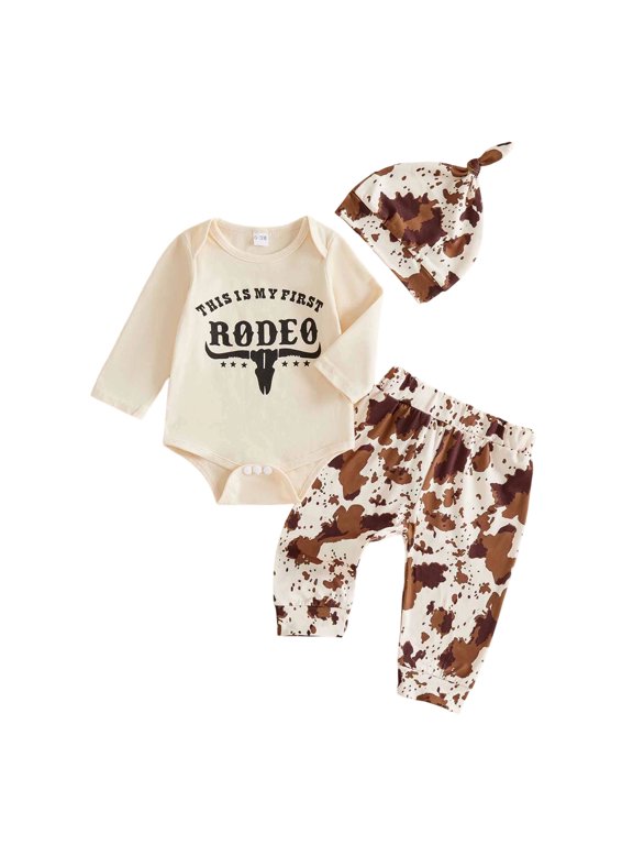 Western Baby Boy Clothes Fall My First Rodeo Outfit Long Sleeve Romper Pants Set Hat 3Pcs Newborn Cowboy Outfits(Beige,12-18 Months)