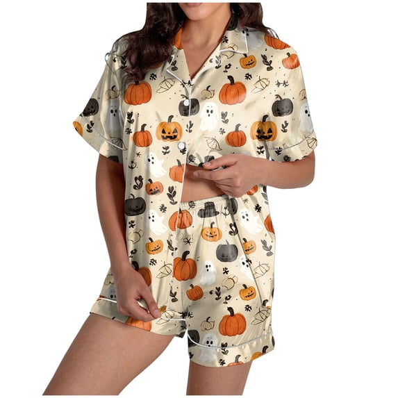 gibobby Women Halloween Fall Pajamas Cute Funny Pumpkin Skull Ghost Pjs(Beige,3XL)