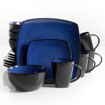 gibson elite soho lounge reactive glaze 16 piece dinnerware set in blue; includes 4 dinner plates; 4 dessert plates, 4 bowls and 4 mugs