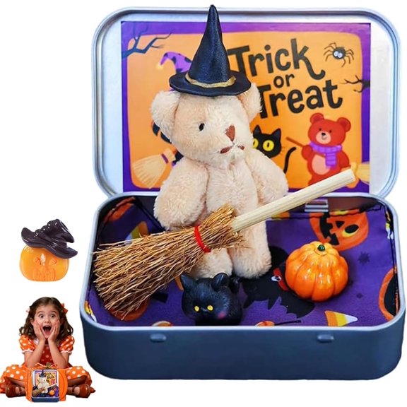 gifskiu Halloween Teddy Bear in A Box, Mini Witcher Teddy in A Box, Mini Tiny Teddys Little Bear in A Boxes with Wizard Hat, Blanket, Broom, Pumpkin & Cat, for Trick or Treat(Khaki)