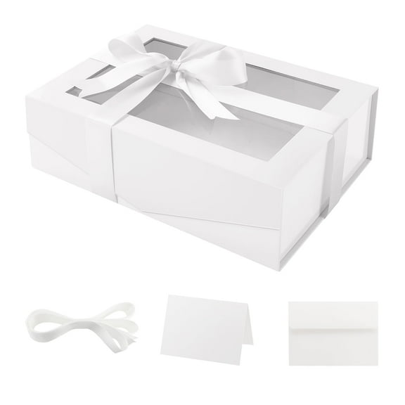 Large White Gift Box with Window, 13.5x9x4.1 inches Gift Box with Magnetic Lid for Present Contains Ribbon, Card, Bridesmaid Proposal Box(Glossy)