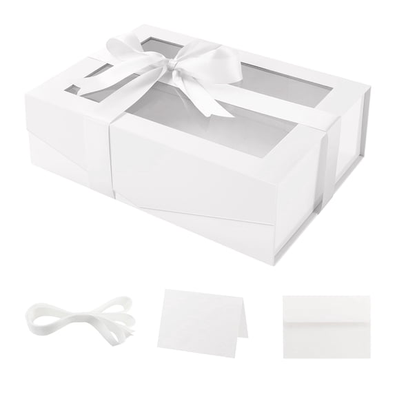 Large White Gift Box with Window, 13.5x9x4.1 inches Gift Box with Magnetic Lid for Present Contains Ribbon, Card, Bridesmaid Proposal Box