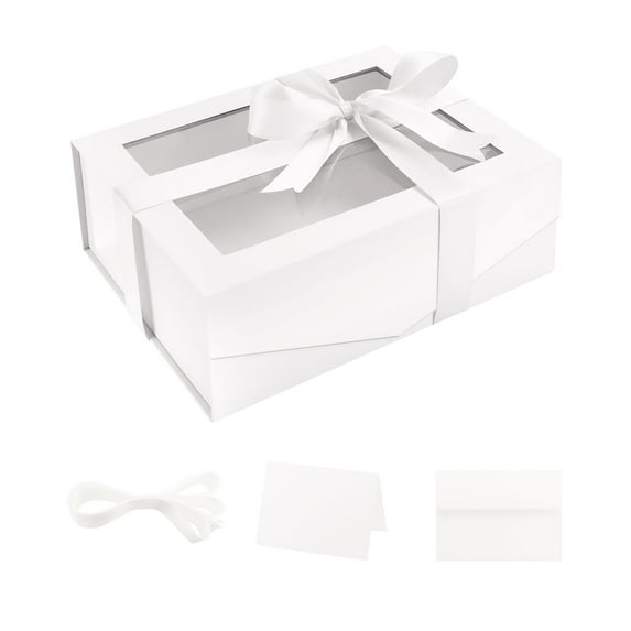 White Gift Box with Window, 9x6.5x3.8 Inches, Gift Box with Magnetic Lid for Present Contains Ribbon, Card, Bridesmaid Proposal Box(Glossy)