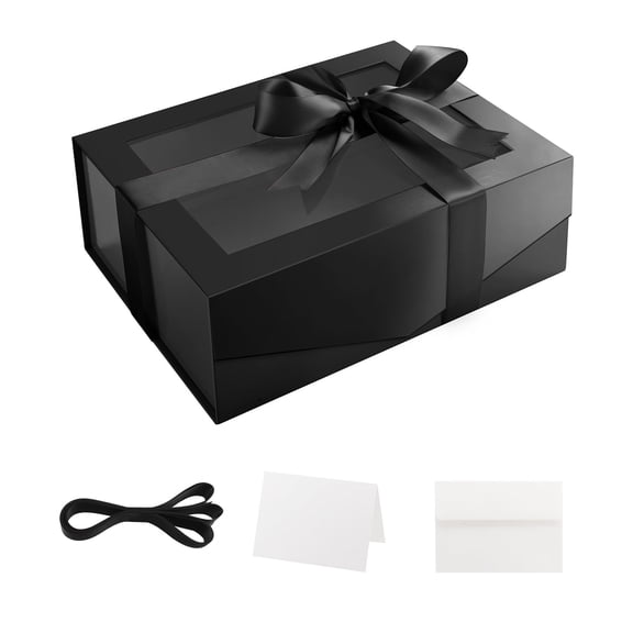 Black Gift Box with Window, 9x6.5x3.8 inch Gift Box with Magnetic Lid for Present Contains Ribbon, Card, Groomsman Proposal Box (Glossy)