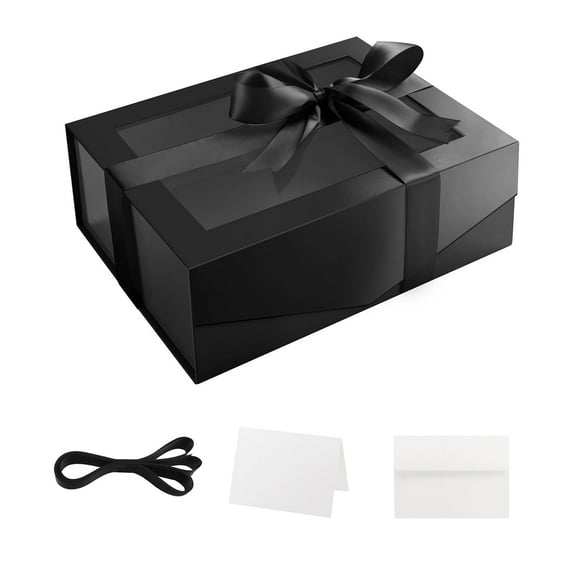 Black Gift Box with Window, 9x6.5x3.8 inch Gift Box with Magnetic Lid for Present Contains Ribbon, Card, Groomsman Proposal Box (Glossy)
