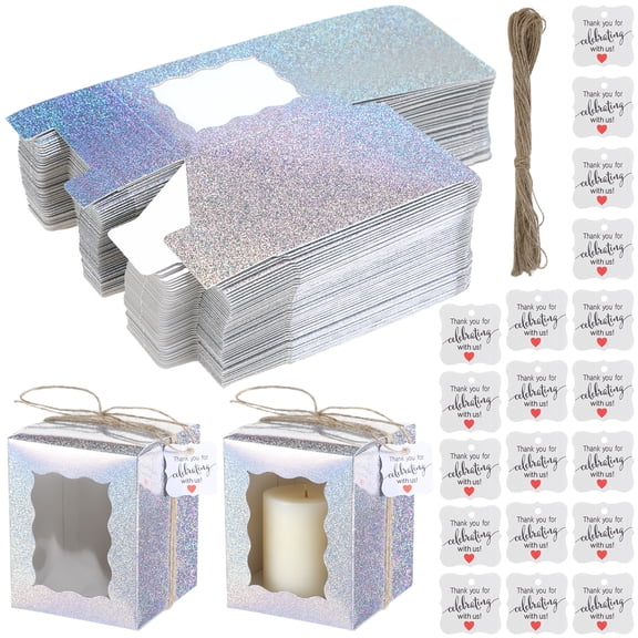 50 Pcs Candle Present Boxes, Iridescent Present Packaging Boxes with Clear Window, 100 Pcs Thank You Tags and 65.6 ft Twine for Wedding, Birthday Party Favors, 3.1 x 3.1 x 3.9 in