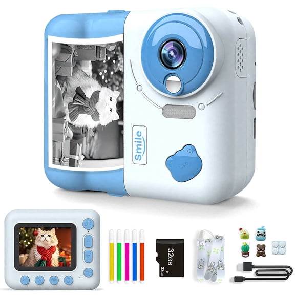 gift instant printing camera for children, suitable for boys and girls aged 4-12, 1080P HD including printing paper and memory card