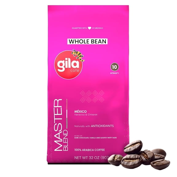 gila caf Whole Beans Coffee Medium Roast Master Blend 32oz (1-Pack) - 100% Mexican Arabica Roasted Coffee Beans - Made with Coffeeberry - Chocolate, Vanilla, Hazelnut Notes