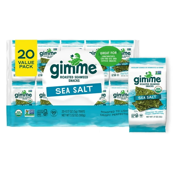 gimMe Organic Roasted Seaweed Sheets, Sea SMRSalt, Keto, Vegan, Gluten Free, Great Source of Iodine and Omega 3s, Healthy On-The-Go Snack for Kids & Adults, #1 Sea Salt, 0.17 Ounce (Pack of 20)