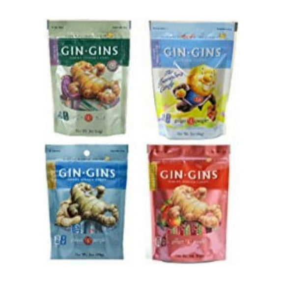 gin gins gluten free vegan ginger candy 4 flavor variety bundle: (1) gin gins original, (1) gin gins spicy apple, (1) gin gins peanut, and (1) gin gins super strength, 3 oz. ea.