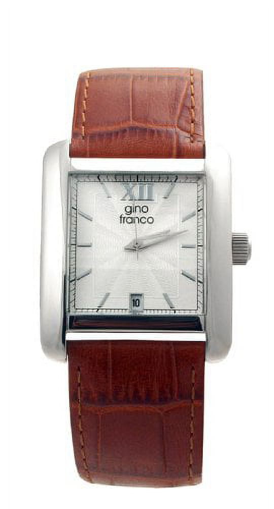 gino franco Men's 941BR Square Stainless Steel Genuine Leather Strap Watch