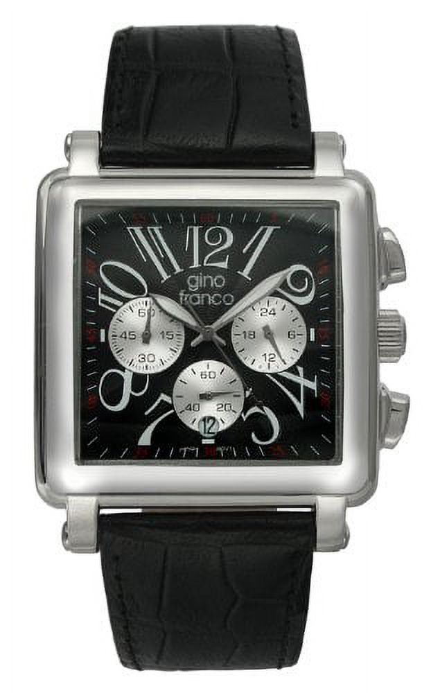 gino franco Men's 942BK Square Chronograph Stainless Steel Genuine Leather Strap Watch