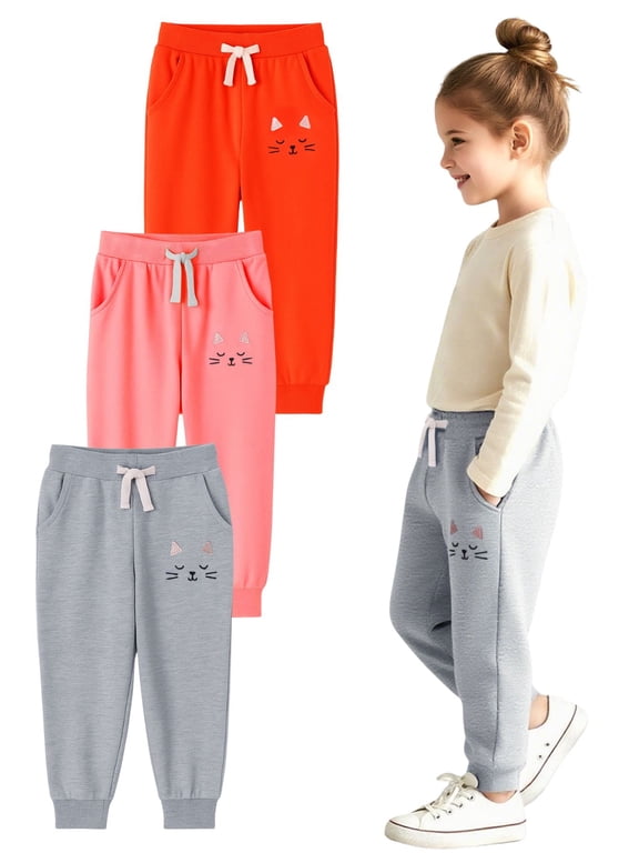 Little Girls' 3-Pack Cotton French Terry Jogger Pants, Cute Cat Graphic Pull-On Sweatpants with Pockets 6Y