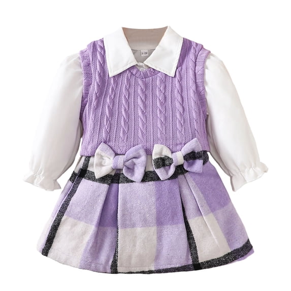 Toddler Dresses 2T-3T for Girl Girl's Spring School Style Long-Sleeved Inner Shirt + Sleeveless Sweater Vest and Plaid Striped Skirt Set,9 Month-3 Years