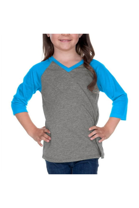 ! Little Girls 3-6X Sheer Jersey Contrast V Neck Raglan 3/4 Sleeve Dark H.Gray/Island Blue 3