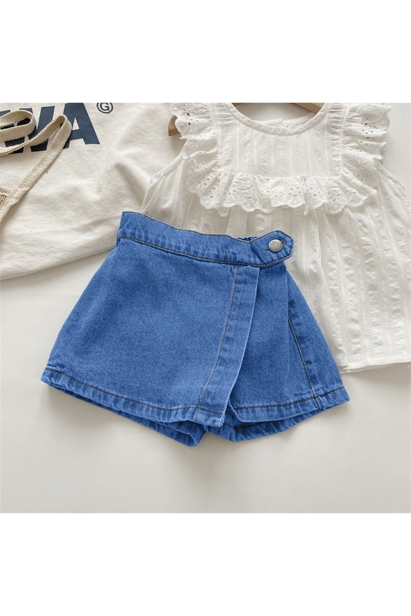girls pants Solid Print Sleeveless Elastic Waist Pleated Denim Skort Pants for Everyday Wear Blue 4 Years-5 Years