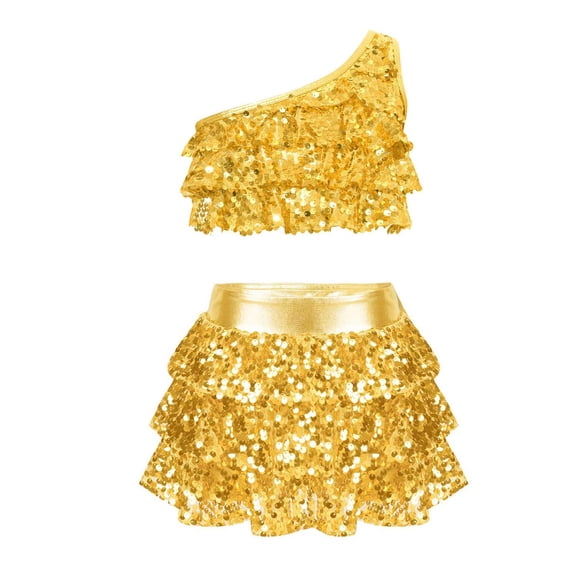 Girls Dresses Size 6 Girls Skirt Set Hip-Hop Style Slanted Shoulder Tank Top Girl's Summer Solid Colors Casual One Shoulder Top Sequin Top and Skirt Two-Piece Set for Kids,2-14 Years