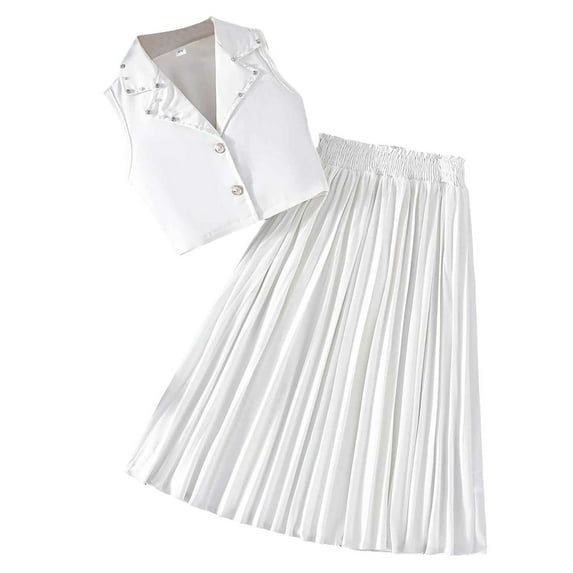 Girls Skirt Sets Size 7-8 Girls Skirt Set Outfit Fashionable Blazer-Style Top with Rhinestone Collar Button Up Tops for Middle and Large Girls with Solid Color Pleated Skirt,2-8 Years