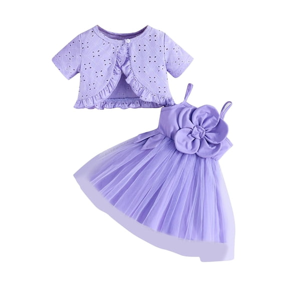 9 Month Girl Clothes Sets Girls Skirt Set Outfit Two Piece Set Of Girl's Solid Color Hollow Short Sleeved Jacket with Suspender Flower Mesh Dresses（6M-4Y）