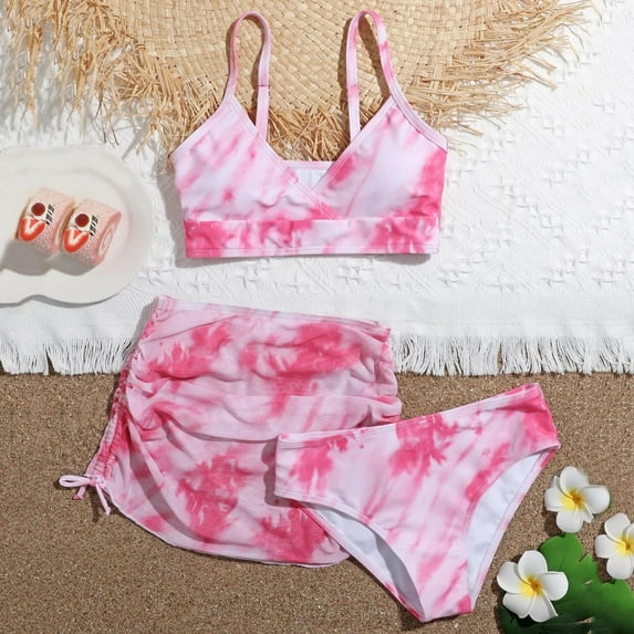 girls swimsuits ' summer cute crisscross to dyeing printing floral print three piece swimsuit