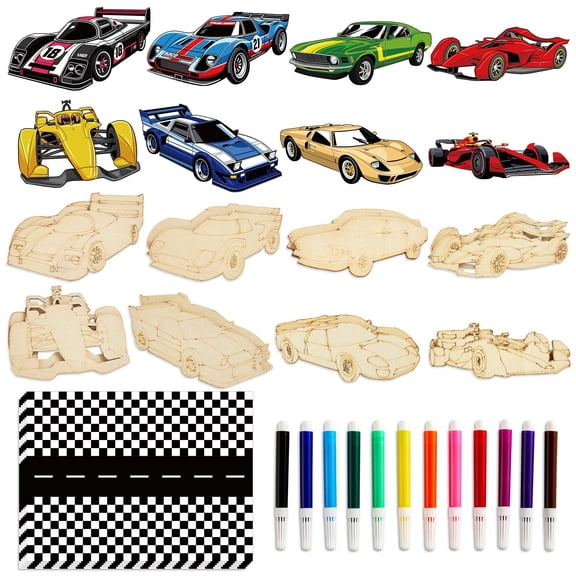 gisgfim 16 Sets Car Wooden Painting Kit Car Party Favors Wood Painting Crafts Bulk Racing Cards Creative Art Craft Set Thank You for Coming Gifts for Kids Boys Girls Birthday Party Supplies Y114