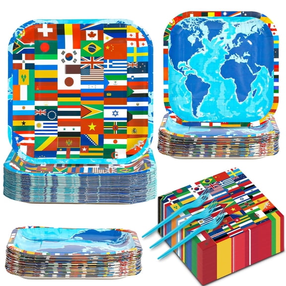 gisgfim 200 Pcs International World Flags Party Decorations Around the World Country Paper Plates and Napkins Supplies Travel Trip Around the Globe Favors for Birthday Retirement Party Serves 50 Y101