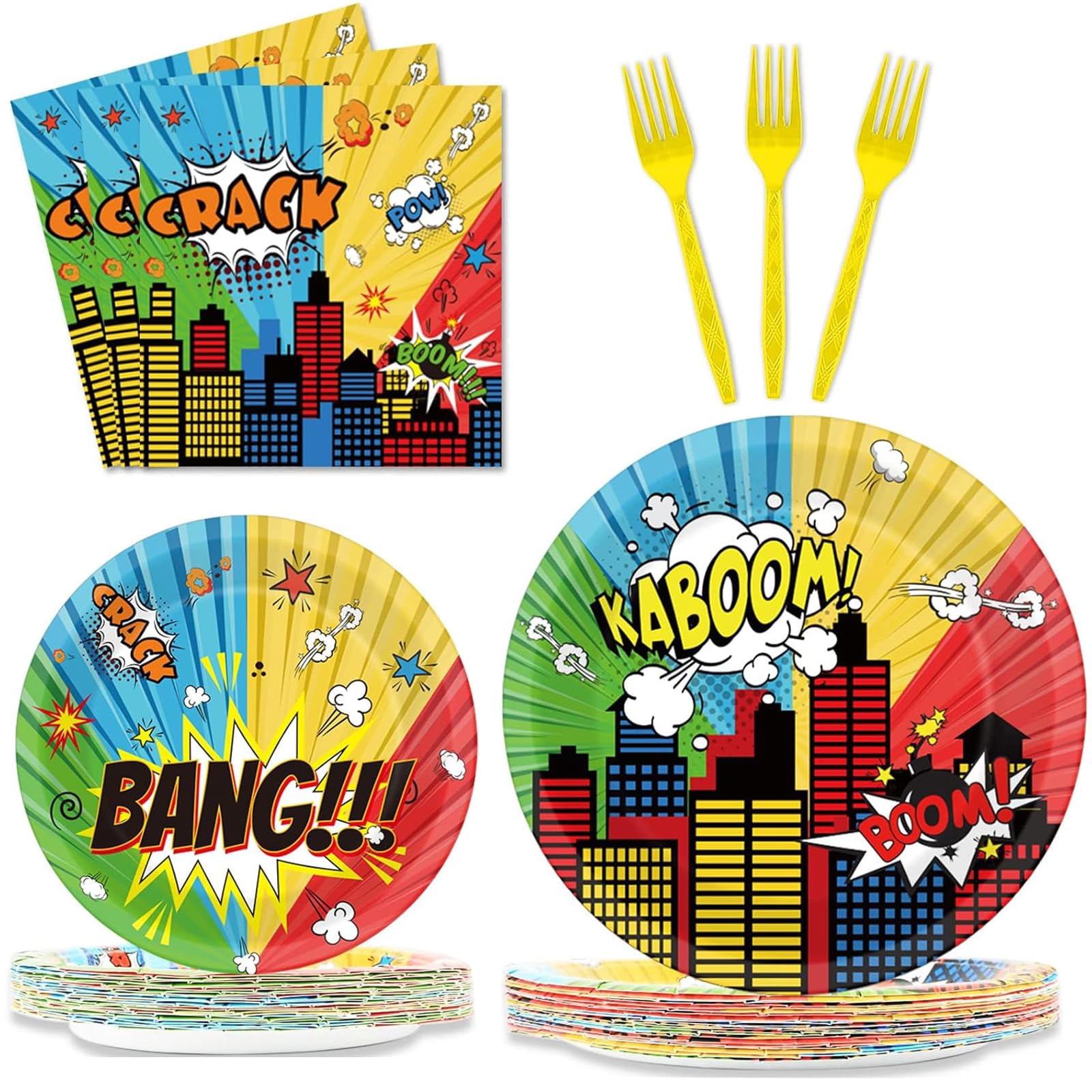 50 PCS Super Hero Party Tableware Set - Plates, Napkins, Forks For 10 Guests, Cityscape Design, Kids Birthday