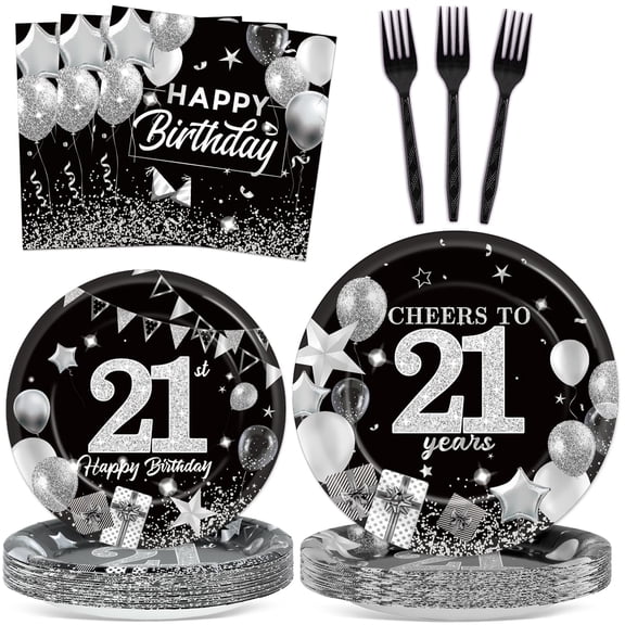 gisgfim 96Pcs Black Silver 21st Birthday Party Decorations Paper Plates Napkins Happy 21th Birthday Decorations Serves 24 Cheer to 21 Years Tableware for Black Silver White Party Supplies Y114