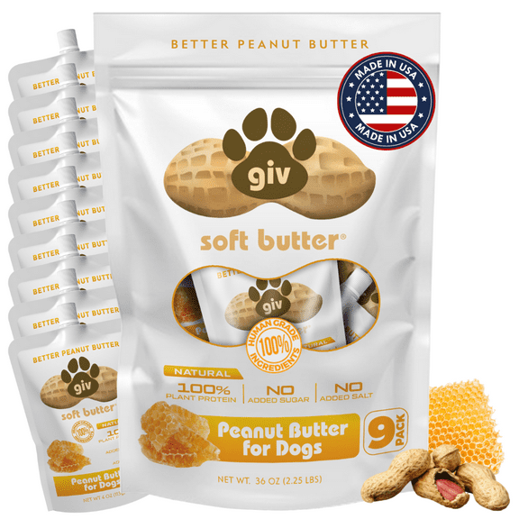 giv All Natural Peanut Butter for Dogs, 4oz Pouch, Pack of 9, Training Treat