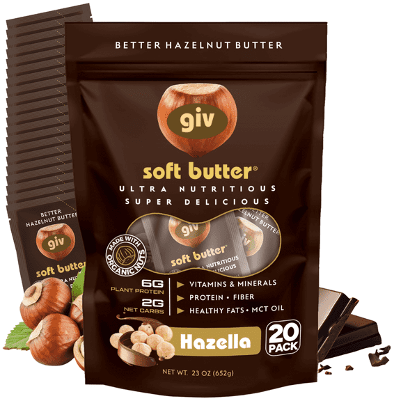 giv soft butter Hazelnut Spread, Vegan, Gluten-Free, and Keto Protein Snacks, 1.15oz Pouch 20 Pack