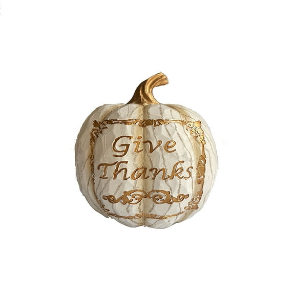 give thanks pumpkin. hand carved wood look highlighted with gold accents. 7.5Tx5x3"