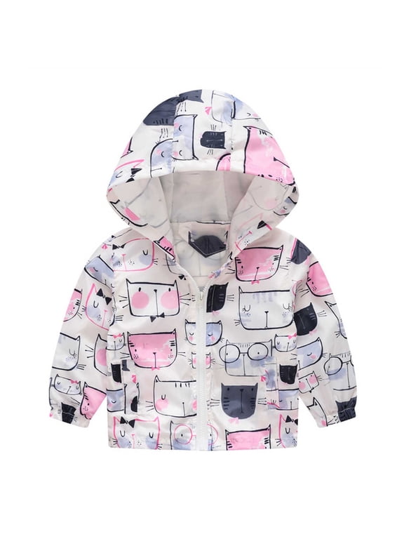 gjutow Kids Rain Jacket Clearance Toddler Kids Baby Boys Girls Fashion Cute Flowers Car Pattern Windproof Jacket Hooded Coat 6-7 Years White