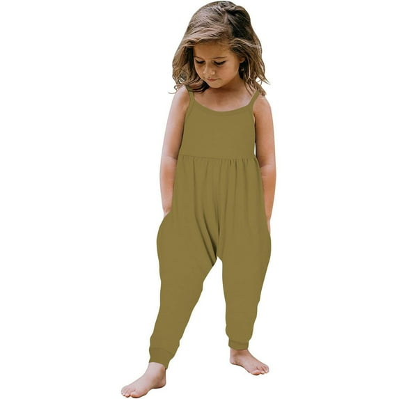 gjutow Toddler Baby Girl Jumpsuit One Piece Sleeveless Strap Romper Playsuit with Pockets Summer Outfit Clothes Khaki 2-3 Years