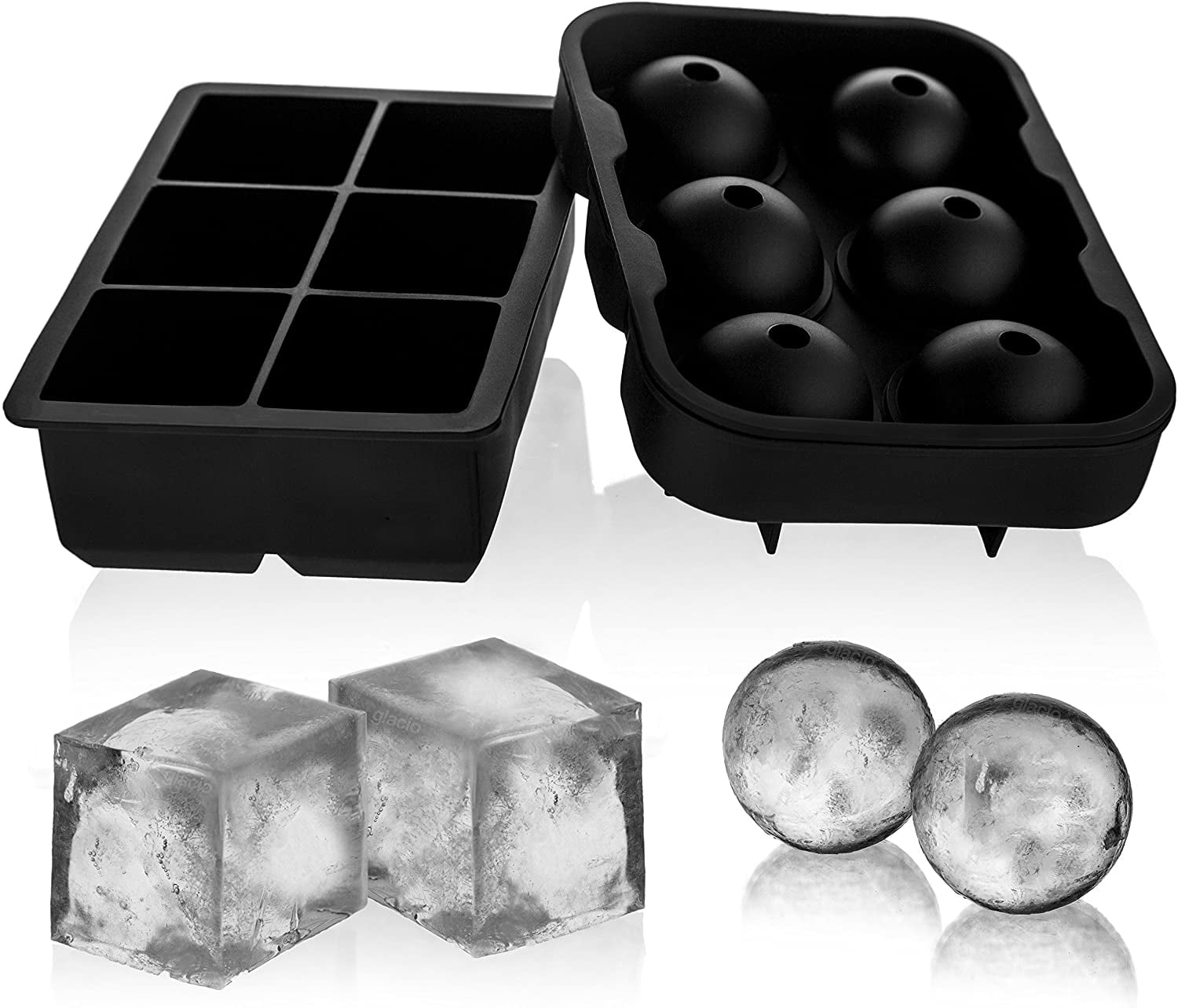 glacio Ice Cube Trays Silicone Combo Ice Molds - Set of 2, Sphere Ice Ball Maker with Lid & Large Square Molds, Reusable and BPA Free,,F133471