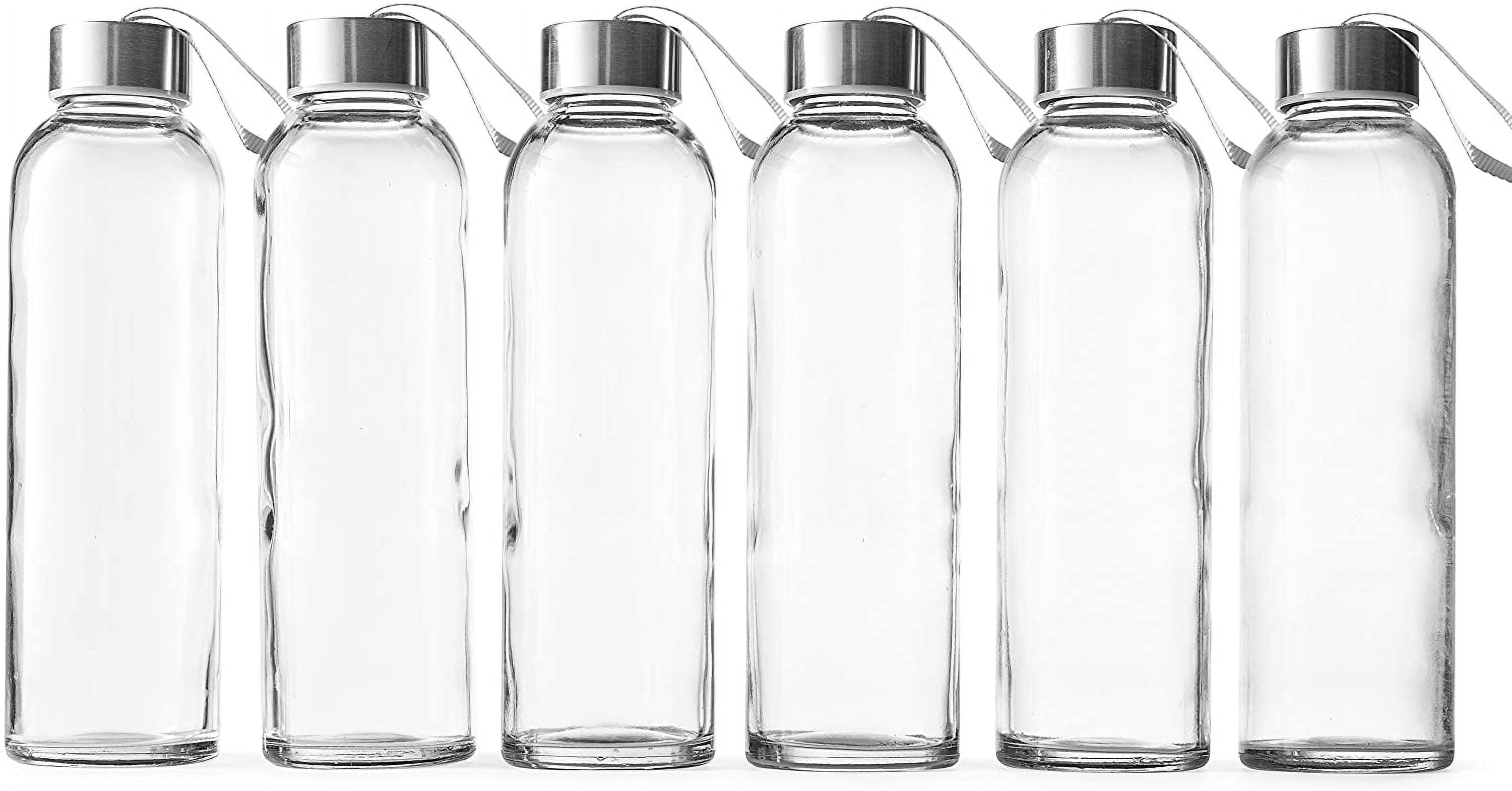 glass bottles with lids – 18oz glass water bottles, reusable juice bottle with lids for storing juices, reusable water bottle durable & ecofriendly set of 6 with Carrying Loop Caps