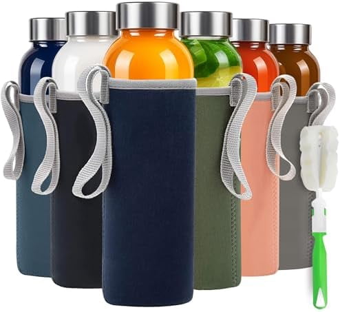 glass bottles with lids – 18oz glass water bottles, reusable juice bottle with lids for storing juices, reusable water bottle durable & ecofriendly set of 6 with Sleeves