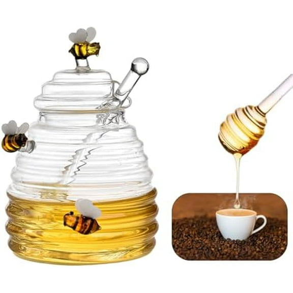 glass honey jar with dipper,beehive shaped honey pot,honey container with dipper large,17 oz