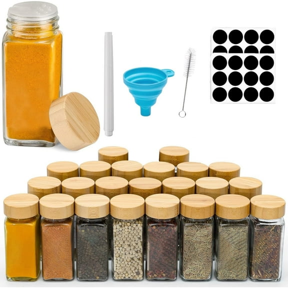 Behome 24 Pcs Glass Spice Jars with Bamboo Lids, 4oz Empty Square Spice Bottles with Shaker Lids, Labels, Funnel, Chalk Pen, Seasoning Bottles for Spice Rack, Drawer, Cabinet