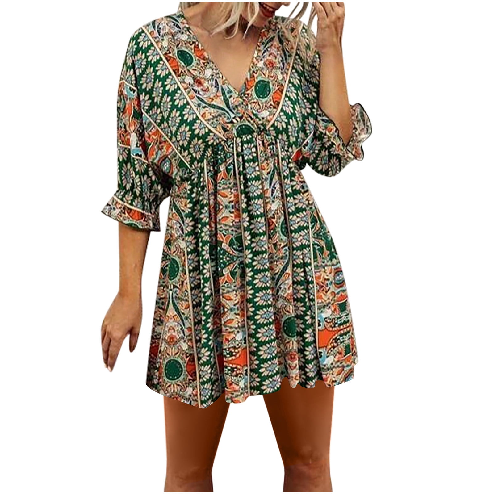 SOLY HUX Women’s Halter Summer Dress – Deep V Neck, Backless, Ruffle Hem, Allover Print, Beach & Vacation Style